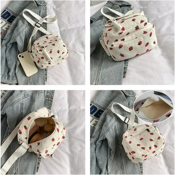 Pink Corduroy Strawberry Tote Bag for Women, Compact Size, Multi-Use, Gift-Ready - Picture 6 of 6